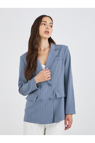 Styli Women Blue Striped Longline Double Breasted Blazer