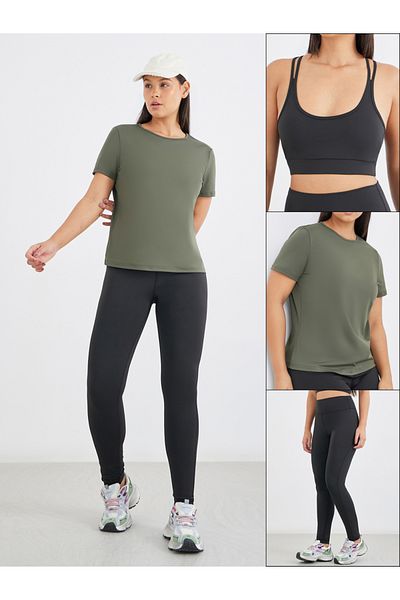 Styli Twist Knot Open Back Short Sleeve Top with Back Mesh Sports Bra and Leggings Set