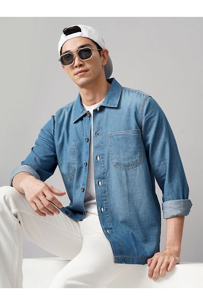 British Club By Styli Oversized Denim Shirt with Chest Pockets