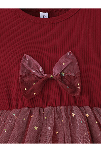 Styli Mesh Insert Embellished Dress with Bow Detail