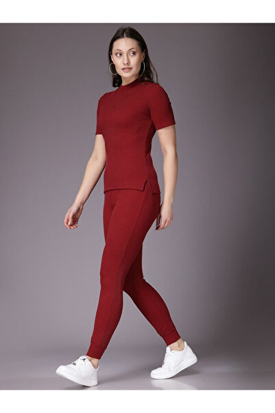 Freehand By Styli Women Burgundy Ribbed Knit Top and Leggings Co-Ords