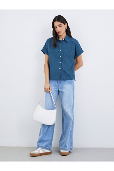 Styli Blue Linen Look Short Sleeve Shirt