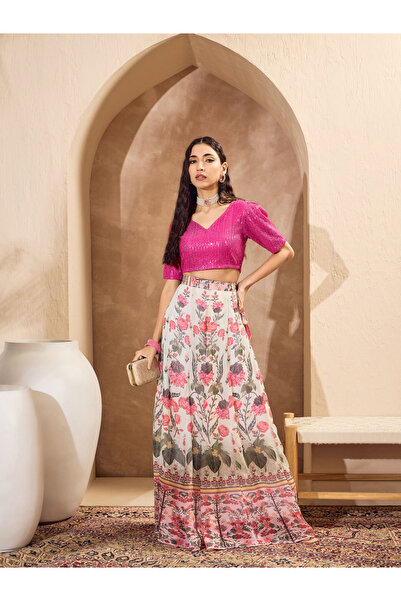 Sassafras By Styli Pink Sequins Crop Top with Floral Anarkali Skirt Co-Ords