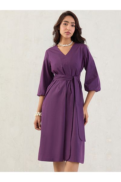 Styli Purple Solid Poplin V Neck A-Line Midi Dress