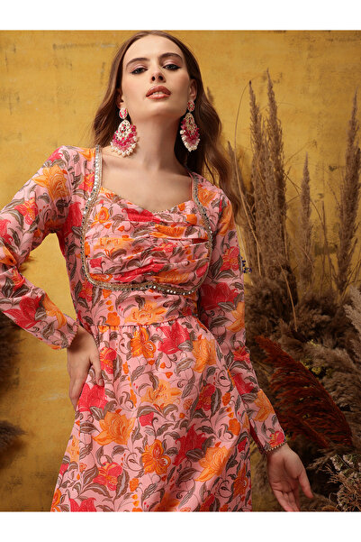 INDO STREET By Styli Pink Sequined Yoke Printed Ethnic Maxi Dresses