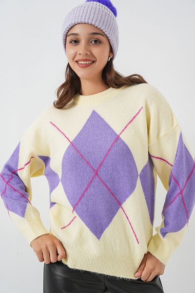 Bigdart 15895 Diamond Patterned Oversize Knitwear Sweater - Yellow