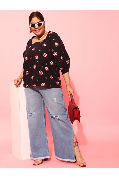 CURVY STREET By Styli Plus Black Floral Top with Square Neck