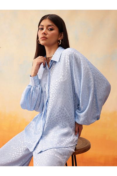 INDO STREET By Styli Blue Self Design Volume Sleeves Shirt and Trousers Co-Ords
