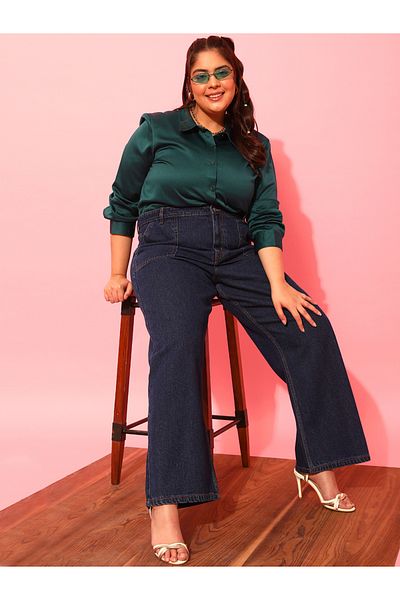 CURVY STREET By Styli Plus Size Emerald Green Long Sleeve Shirt