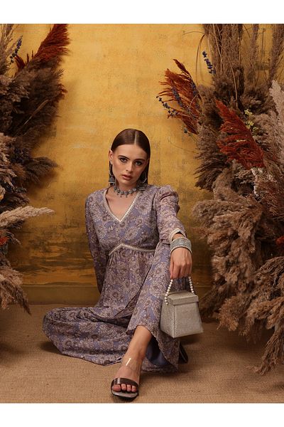 INDO STREET By Styli Purple Floral Print Angrakha Mirror Work Kurti and Palazzos Set