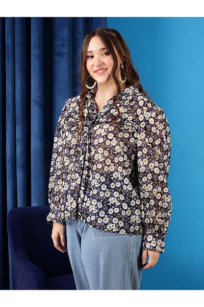 CURVY STREET By Styli Plus Floral Print Ruffled Shirt