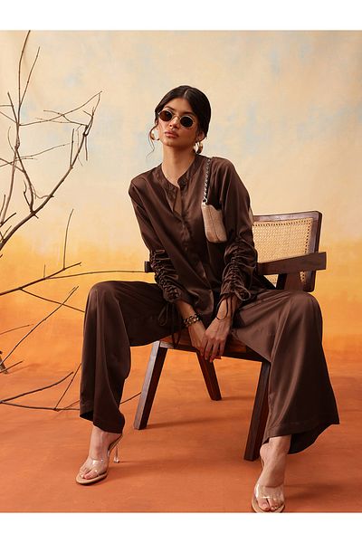 INDO STREET By Styli Mandarin Collar Ruched Sleeve Shirt with Trouser Set