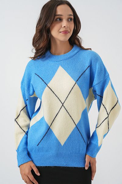 Bigdart 15895 Diamond Patterned Oversize Knitwear Sweater - Blue