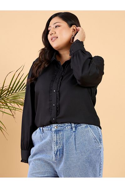 CURVY STREET By Styli Plus Size Black Ruffle Front Long Sleeve Shirt