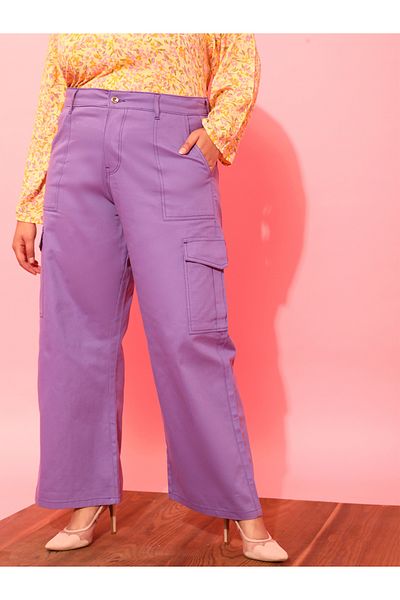 CURVY STREET By Styli Plus Purple Cotton Cargo Trousers