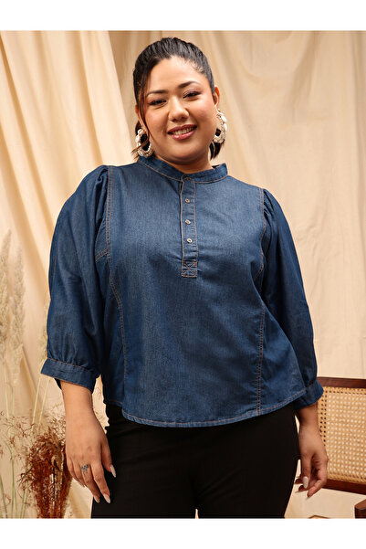 CURVY STREET By Styli Plus Size Mandarin Collar Cotton Denim Top