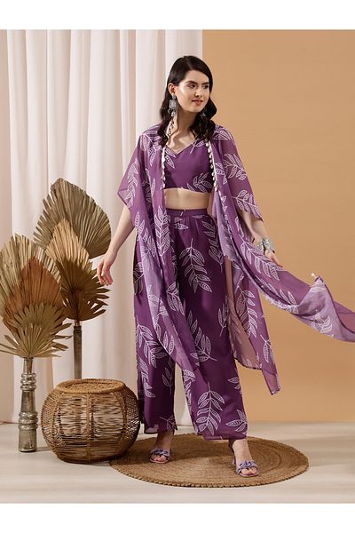 INDO STREET By Styli Floral Printed Crop Top with Shrug and Palazzo Set