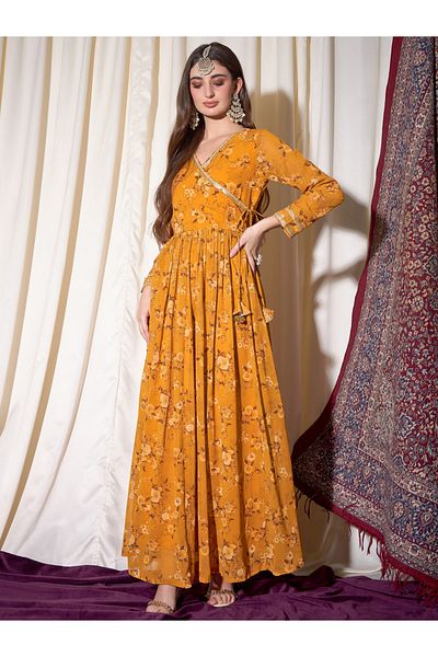 INDO STREET By Styli Yellow Floral Print Lace and Tie Up Ethnic Maxi Dress