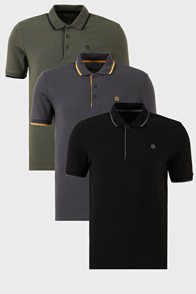 Buratti Pamuklu Slim Fit Şerit Detaylı Düğmeli Polo Yaka 3'lü Paket T Shirt E...