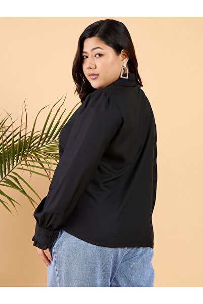 CURVY STREET By Styli Plus Size Black Ruffle Front Long Sleeve Shirt