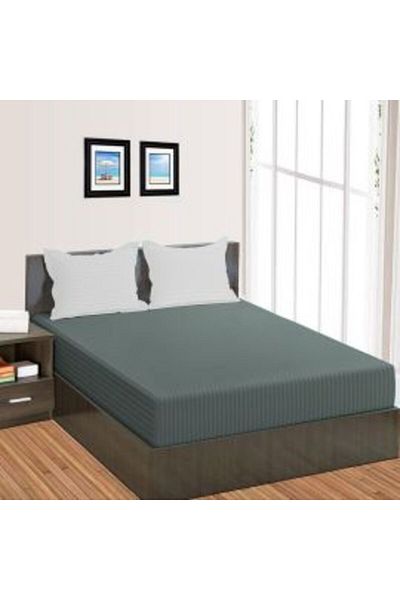 HomePuls Bed Sheet with Elastic Damasc Polycotton Stripe 1 cm, 190 x 250 cm for 140 x 200 cm Mattress, Dark G