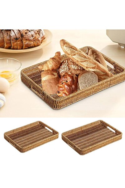 PAZAROLAY 3-Piece Rattan Tray Decorative Tray Wicker Knitted Tray Light Cream