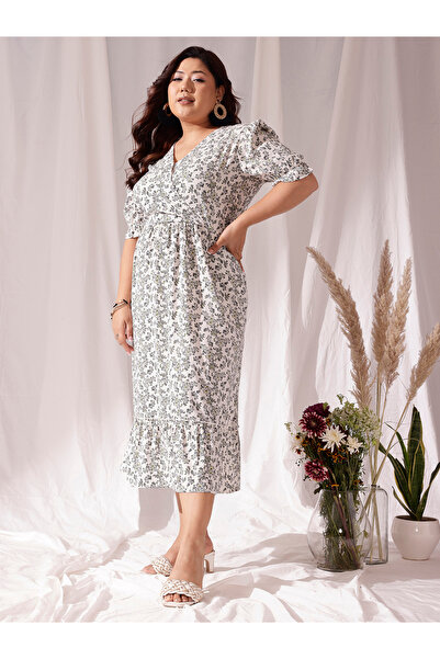 CURVY STREET By Styli Plus White Midi Dress with Floral Print