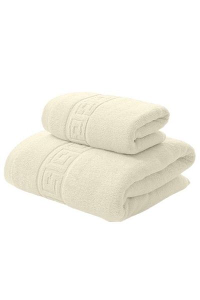 Ralex Set 2 bathroom towels 70 x 140 cm and face towel 50 x 90 cm, 100% cotton, Greek Border, 500 gsm, Cre