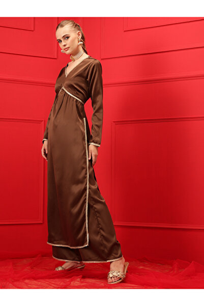 INDO STREET By Styli Solid V-Neck Satin Straight Kurta with Palazzo Set