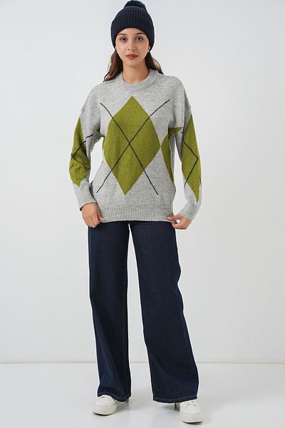 Bigdart 15895 Diamond Patterned Oversize Knitwear Sweater - C.Gray