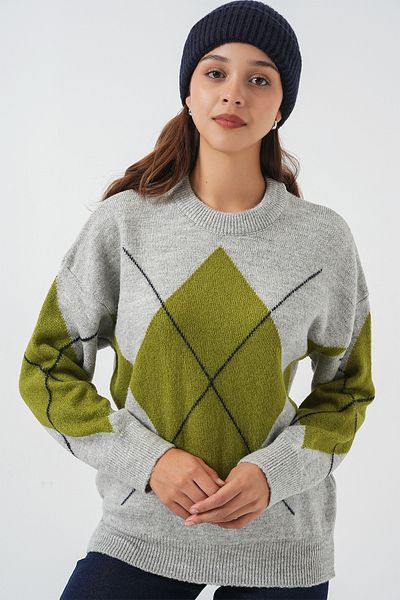 Bigdart 15895 Diamond Patterned Oversize Knitwear Sweater - C.Gray