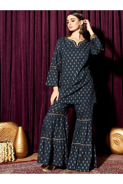 INDO STREET By Styli Printed Pure Cotton Straight Kurta with Sharara Set