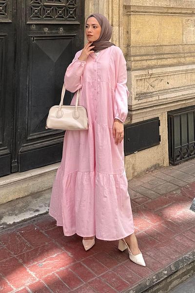 lamelif Front Half Button Detailed Muslin Fabric Hijab Dress Pink