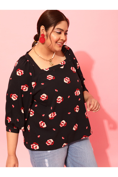 CURVY STREET By Styli Plus Black Floral Top with Square Neck