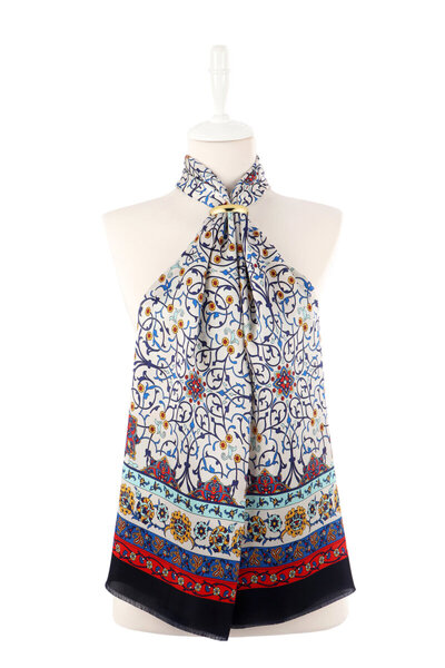Bursa İpek Navy Blue Ivy Pattern Narrow Silk Scarf
