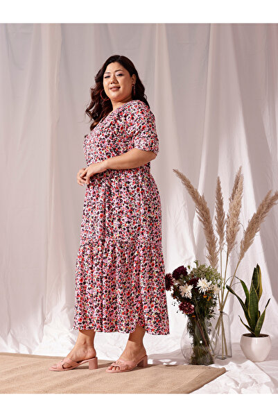 CURVY STREET By Styli Plus Multi Tiered Maxi Dress with All Over Print