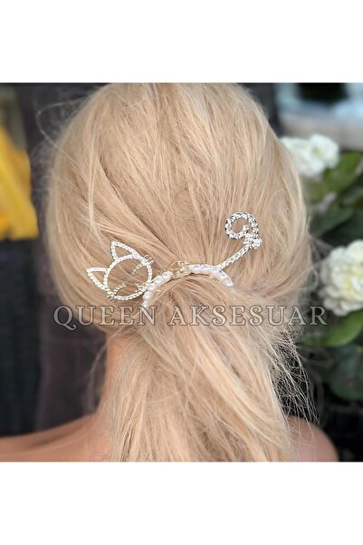 QUEEN AKSESUAR Zarif İnci sallantılı sarkıt zincirli taşlı kedili taraklı halka at kuyruğu metal topuz tokası