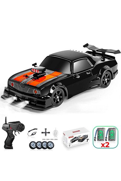 Timebox Remote Control Drift Car, 20km/h, LED, Interchangeable Tires, 2 Batteries, 1:16 Scale, Black/Orange