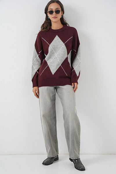 Bigdart 15895 Diamond Patterned Oversize Knitwear Sweater - Y.Burgundy