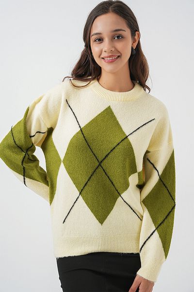 Bigdart 15895 Diamond Patterned Oversize Knitwear Sweater - Light Yellow