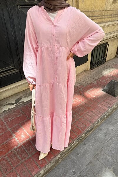 lamelif Front Half Button Detailed Muslin Fabric Hijab Dress Pink