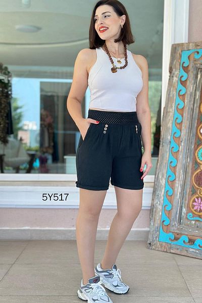 İnce Topuk Button Detail Linen Shorts 5Y517