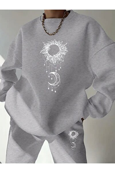 FUFLUNS طقم بدلة رياضية برقبة دائرية كبيرة الحجم للجنسين مطبوع عليها AY وSUN