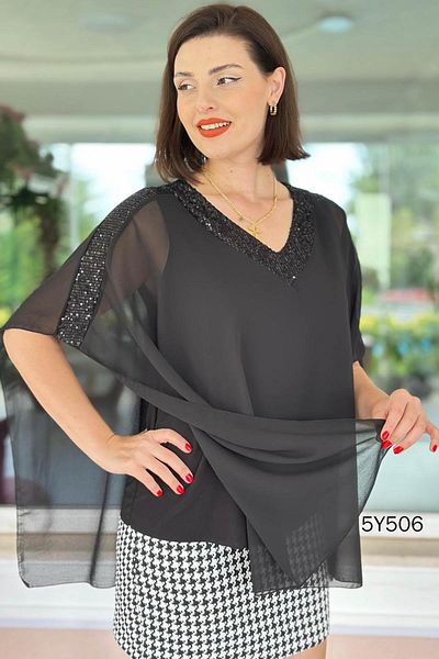 İnce Topuk V-Neck Sequin Detail Chiffon Blouse 5Y506