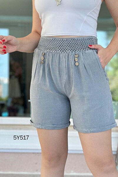 İnce Topuk Button Detail Linen Shorts 5Y517