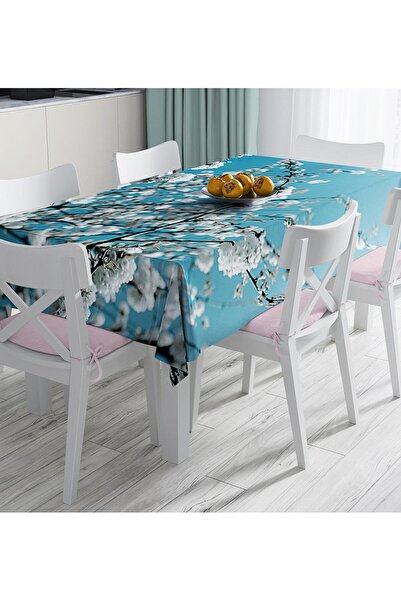 Realhomes White Floral Blue Background Spring Branch Pattern Stain Resistant Runner and Tablecloth