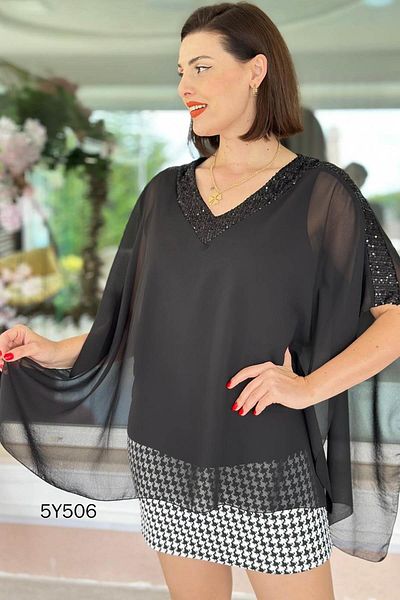 İnce Topuk V-Neck Sequin Detail Chiffon Blouse 5Y506