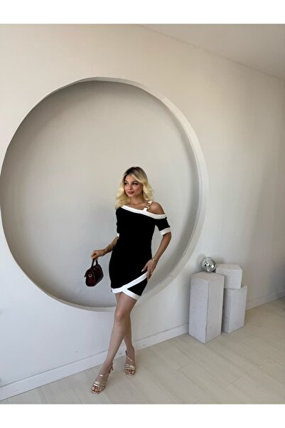 JANES Γυναικείο κοντομάνικο ασύμμετρο κομμένο γιακά φόρεμα Modal με λωρίδα και λεπτομέρεια αξεσουάρ