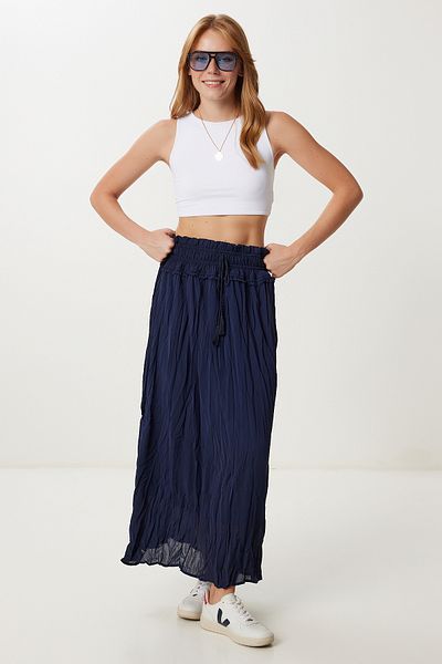 Lovelyİstanbul Crinkle Effect Long Chiffon Skirt Lyy0108 Dark Blue