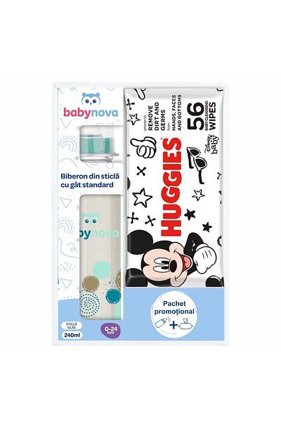 Baby Nova BIBERON STICLA X 240ML + SERVETELE UMEDE HUGGIES DISNEY